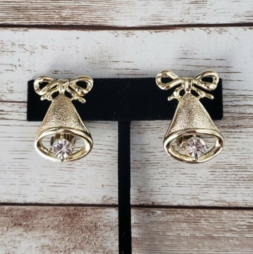 Vintage Clip On Earrings - Statement Gold Tone Bell with Clear Gem